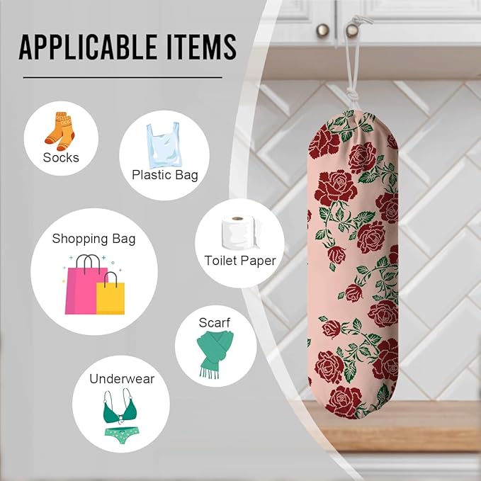 Red Rose Grocery Bag Holder, Trash Grocery Bag Storage Dispenser, Shopping Trash Bags Organizer, Decorative Plastic Bags Holder for Wall Decor, Kitchen Housewarming Gifts for Women