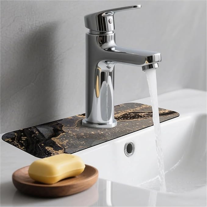 Kitchen Sink Splash Guard，Marble black gold Faucet Mat Sink Gadgets-Super Absorbent Fast Drying Mat Drip Catcher for Kitchen, Bathroom,Sink Mat, Dish Drying Mat, Bathroom(15" X 5.5" )