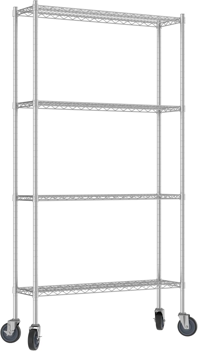 Commercial NSF Listed Chrome Mobile Wire Shelving Kit 12" x 42" x 80", with 4 Shelves Perfect for Warehouse, Walk-in Refrigerator, Freezer, Grocery Store, Restaurant, Dishroom