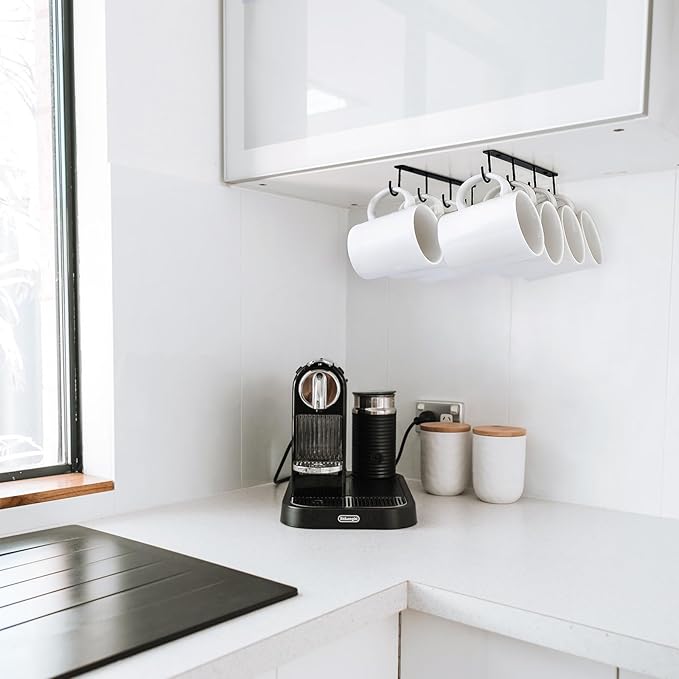 Mkono Under Cabinet Mug Hanger Set of 2 - Metal Hooks Coffee Cup Holder with 8 Hooks - Simple Organizer for Cabinet Shelf - Modern Storage Display Rack for Kitchen Coffee Bar, Black