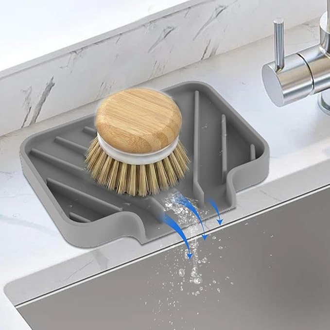 Silicone Soap Dish for Shower and Bathroom - Small Bar Soap Holder with Self Draining Spout - Non-Slip Sink Tray Organizer for Kitchen Counter and Narrow Ledge, Gray (3.5" x 5")