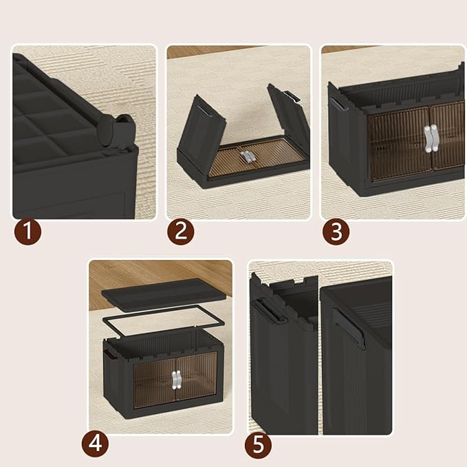 ONAIL Stackable Storage Bins, Collapsible Stackable Storage Containers Bin with Doors & Wheels, Folding Plastic Closet Foldable Cabinet Storage Boxes for Home, Pantry, Office, (S, Gray 5-Tier)