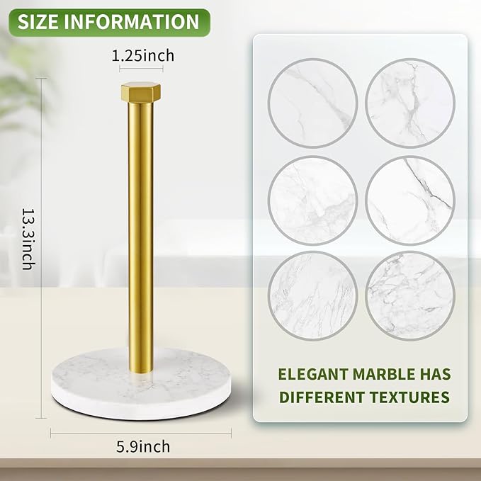 Paper Towel Holder, Kitchen Paper Towels Holder Stand, Stainless Steel Paper Towel Holder -High-Grade Marble Weighted Base, Non-Slip Protect The countertop -Brushed Gold