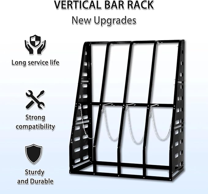 Steel Vertical Long Parts Storage Rack, Lumber Storage 1500 LBS Capacity, Heavy Duty Standing Bar Rack With Safety Chain For Garage Workshop Factory, 4 Bays, Black,