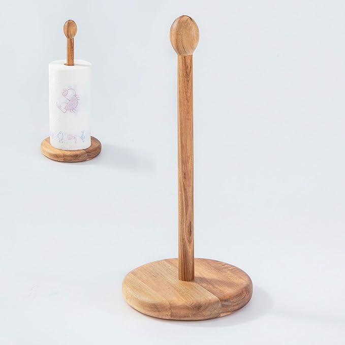 14.5" Acacia Wooden Paper Towel Holder, 6.7" Large Heavy Base Wooden Kitchen Paper Towel Roll Stand Organizer Free Standing Paper Roll Holder, Thickened Rustic Farmhouse Paper Towel Holder Stand