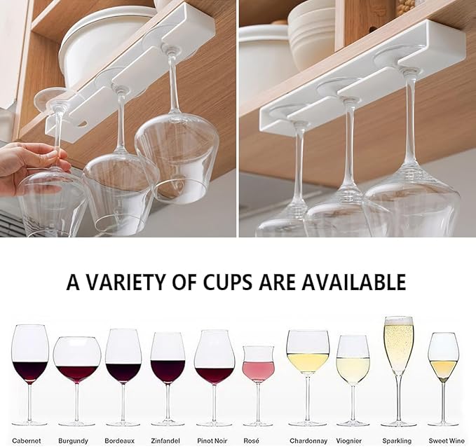 2 Pack Wine Glass Holder，Stemware Rack Plastic Punch-free Hanging Under Cabinet for Kitchen and Restaurant(White)