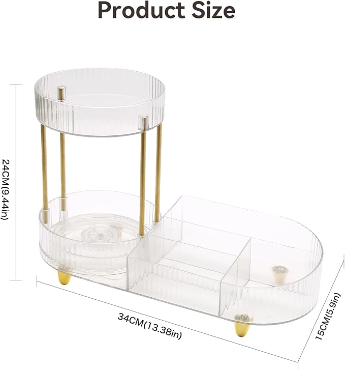 Makeup Organizer Rotating Perfume Tray 5-compartment Cosmetic and Skincare Organizers Makeup Brush Holder for Bathroom Vanity Bedroom Counter Countertop (Transparent-Golden Foot Mat)