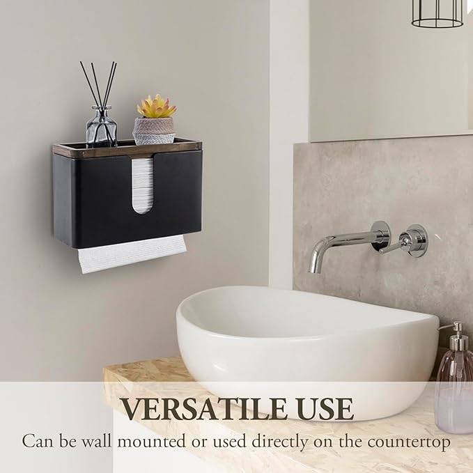 MyGift Decorative Wood Paper Towel Holder with Shelf - Wall Mounted Bathroom Napkin Dispenser