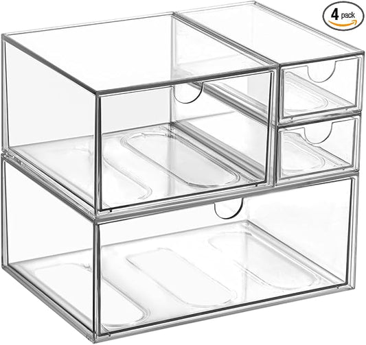 Makeup Drawer Organizer, Desk Drawer Organizer With 4 Drawers, 3 Different Sizes, Suitable For Office Desk, Bathroom, Bedroom, Jewelry, Stationery, Handicraft Storage And Organization, clear
