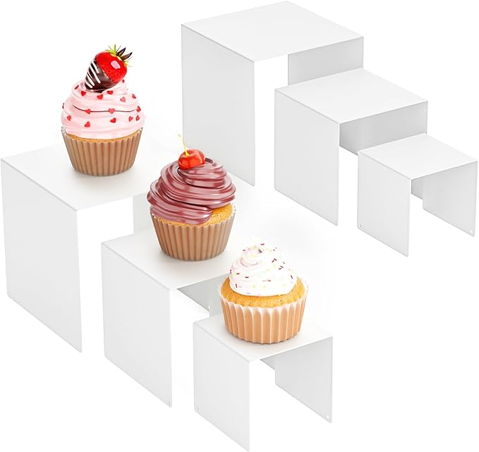 Matte Metal Display Stand,6 Pcs 2 Set Display Risers for Display, Metal Rectangular Display Shelf for Showcase, Dessert, Toys, Perfume (White, 3''x4''x5)