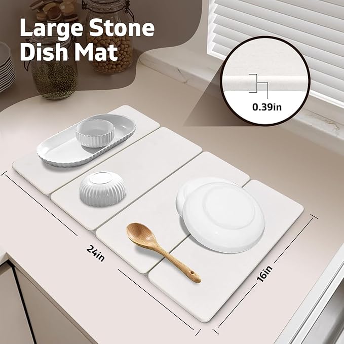 Large Stone Dish Drying Mat for Kitchen Counter, 24"×16" Dish Drying Mat, Fast Water-Absorbing, Diatomaceous Earth Non-Slip Stone Mat, Multi-Purpose Foldable for Match Any Countertop