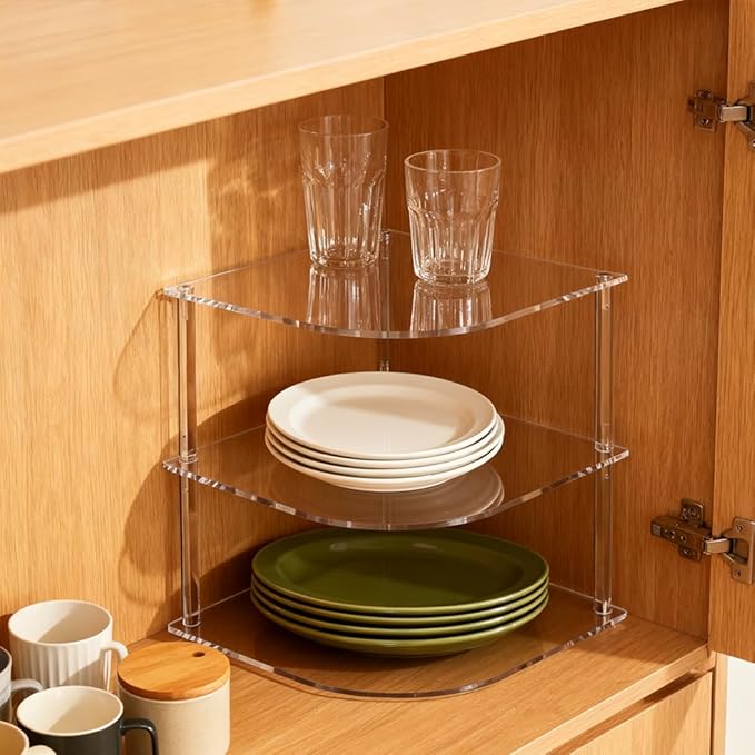 Plate Organizer for Cabinet Space Saver, Clear Acrylic 3-Tier Corner Shelf for Kitchen Storage, Holds Dishes and Bowls, Compact Bathroom Shelf for Organized Spaces