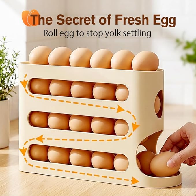 Egg Holder for Fridge, Automatic Rolling Dispenser, Space-Saving Organizer for Refrigerator and Countertop, 30 Large Eggs Capacity (2PCS Yellow)