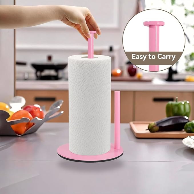 Pink Paper Towel Holder, Paper Towel Holder Countertop with Anti Slip Weighted Base, Stainless Steel Freestanding Paper Towel Holders for Kitchen