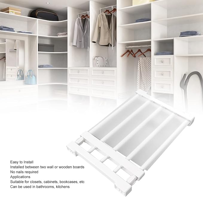 Closet Tension Shelf, Rod Expandable Storage Rack Adjustable Organizer Divider Separator Wardrobe Cupboard Hanging Shelves Pack No Slip Grip Cabinets Inside Capacity (38‑55cm /