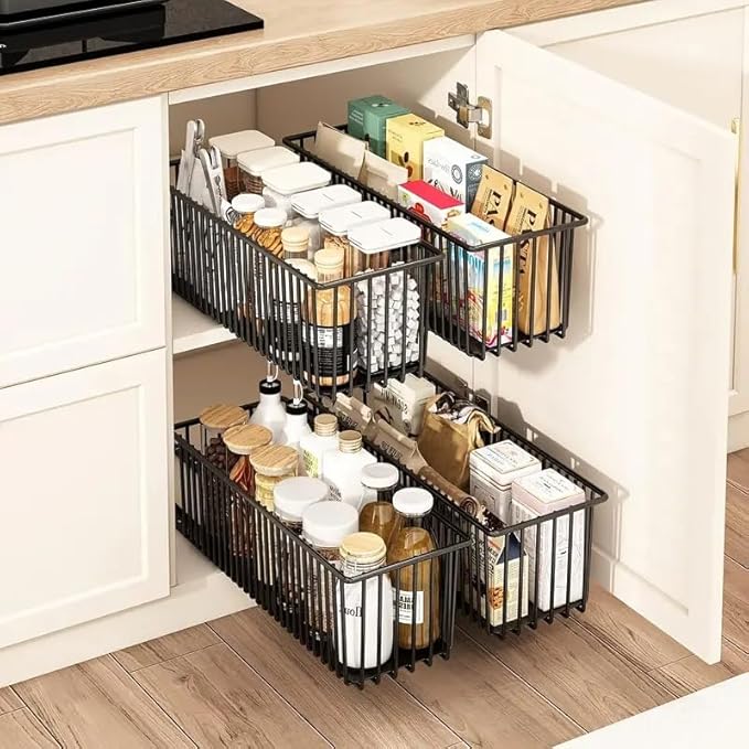 AmoiChic Under Sink Organizer, 2 Pack Pull Out Cabinet Organizer Slide Out Sink Shelf Cabinet Storage Shelves, Storage for Kitchen Bathroom, Black