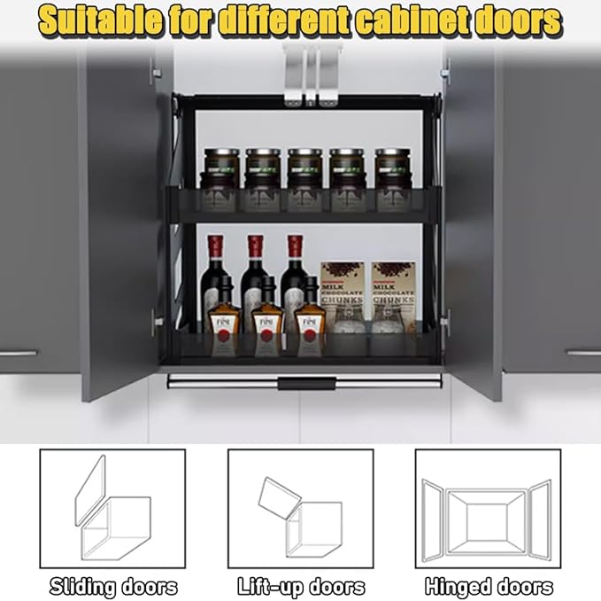 YVYKFZD Upper Cabinet Pull Down Shelf, 2 Tier Pull Down Cabinet Organizer, Convenient Heavy-Duty Kitchen Storage Shelf Organizer, Vertical Lift Dish Rack, Space Saving(22.0"x11.0"x26.3"/56x28x67cm)
