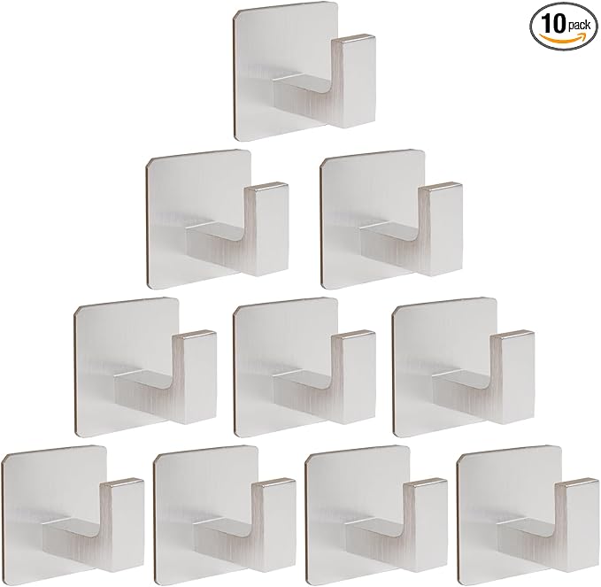 Vanloory Bath Towel Hooks,10 Pack Self Adhesive Square Coat Hooks, Sturdy No Drilling Robe Hook, Heavy Duty Aluminum Clothes Hanger, Wall Hooks for Bathroom Bedroom Kitchen (2 in, Silver)
