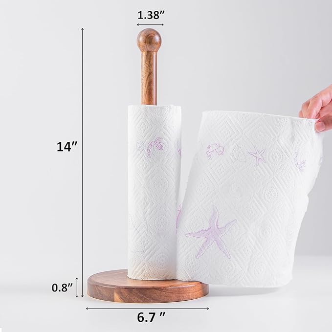 14" Acacia Wooden Paper Towel Holder, 6.7" Large Heavy Base Wooden Kitchen Paper Towel Roll Stand Organizer Free Standing, Rustic Farmhouse Paper Towel Holder Stand, Standing Paper Towel Roll Holders