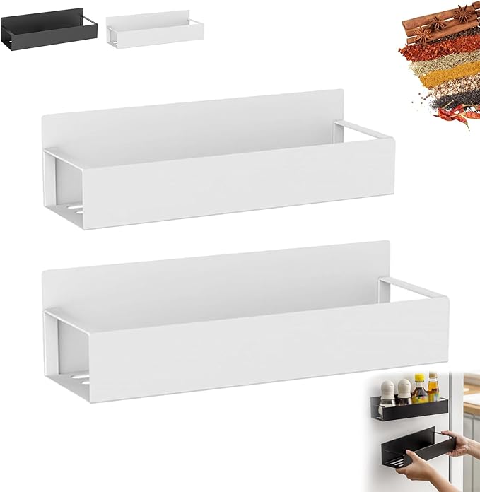 Punch-Free Magnetic Storage Rack Organize - Space-Saving Kitchen Organizer, Multifunctional Movable Magnetic Shelf for Refrigerator, Versatile Metal Organizer for Holding Spices, Jars (White, S+L)