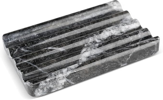 Marble Soap Dish, Bar Soap Holder Shower, Black Soaps Bathroom Saver with Water Ripple Design, Easy Cleaning Natural Stone Sponge Holder for Kitchen Sink, Executive Jewelry Ring Tray