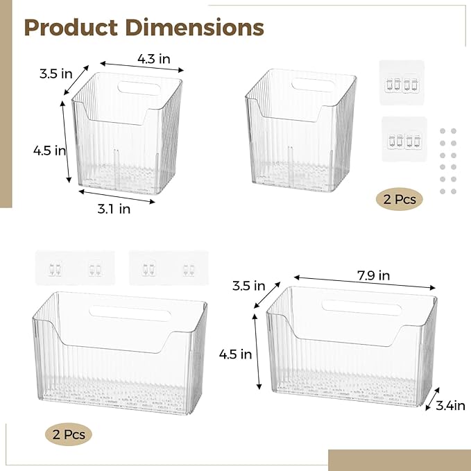 yeesport 4 PCS Cabinet Door Organizer Bins, Clear Plastic Wall Mount Hanging Storage Baskets with Adhesive Hooks, Bathroom Fridge Kitchen Pantry Under Sink Drawer Organizer with Drain Holes