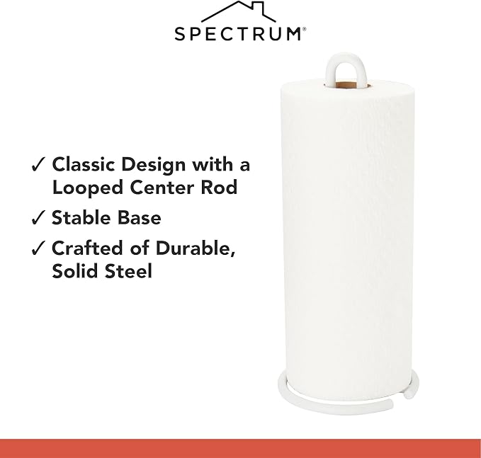 Spectrum Euro Modern Paper Towel Holder Countertop Kitchen Organizer Vertical Standing Roll Dispenser, Weighted Paper Towel Base Durable Steel Construction Fits Standard Jumbo Rolls, Matte White