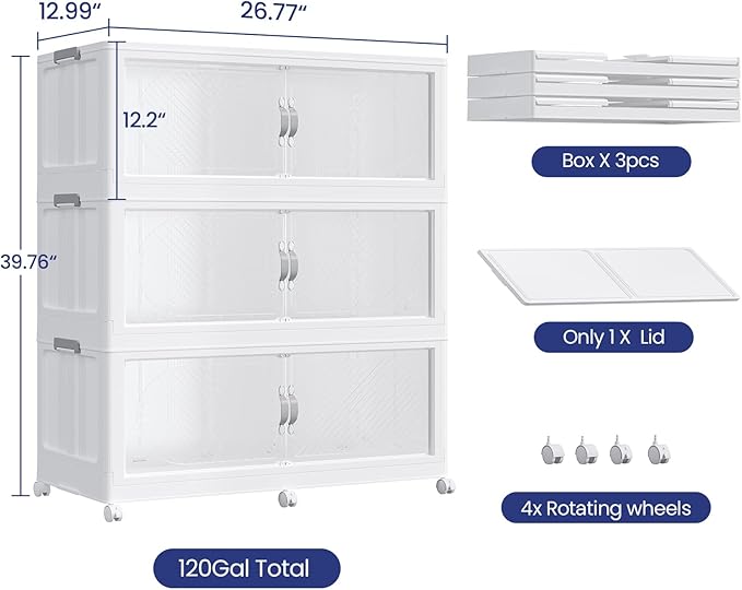 QAVABIN 360QT Extra Large Stackable Storage Bins with Lid, 90Gal Plastic Closet Organizers and Storage Drawer, Collapsible Cabinet Box with Wheels Clear Doors for Home Kitchen Office, 3Pack White