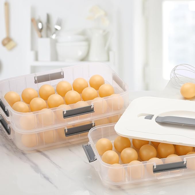 BTSKY Deviled Egg Platter with Lid, 3-Layer 54 Slots Deviled Eggs Carrier, Clear Portable Egg Holder for Fridge Reusable Deviled Eggs Tray Carton Box for Easter and Party Favor (3-Layer, White)