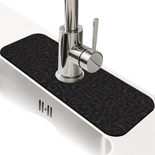 Kitchen Sink Splash Guard，Black leopard print Faucet Mat Sink Gadgets-Super Absorbent Fast Drying Mat Drip Catcher for Kitchen, Bathroom,Sink Mat, Dish Drying Mat, Bathroom(15" X 5.5" )