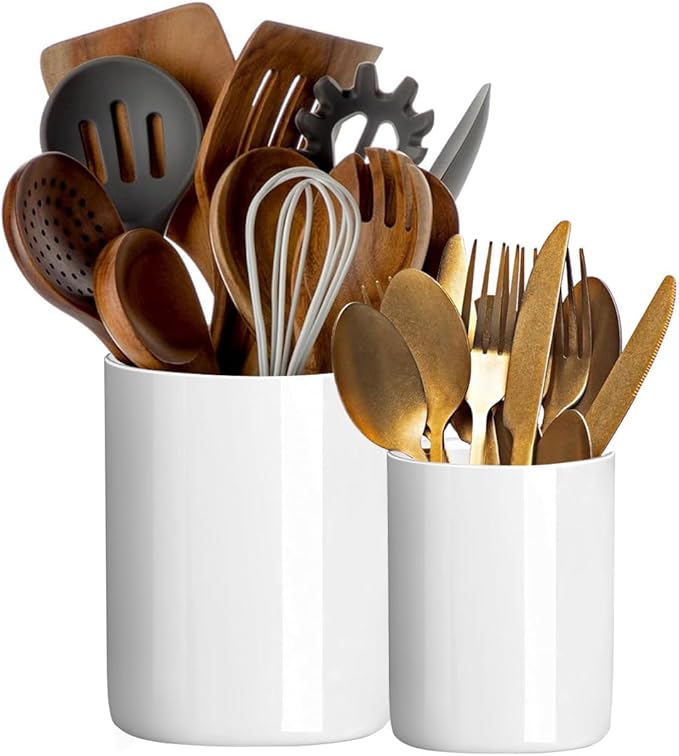 Utensil Holder, 6.3"+4.7" Ceramic Kitchen Utensil Holder for Countertop, Large Cooking Utensil Crocks for Kitchen Counter Decor, Morden Utensil Organizer for Spatula, Set of 2, White