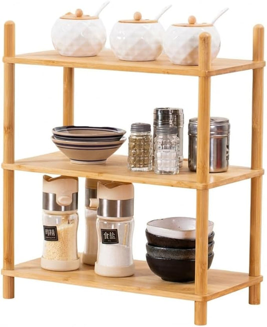2-Tier Expandable Bamboo Desktop Organizer Shelf Kitchen Cabinet and Counter Riser Display Shelf for Top of Desk Home Office Bathroom Coffee Table Display Stand (1, Natural, 3-Tier)
