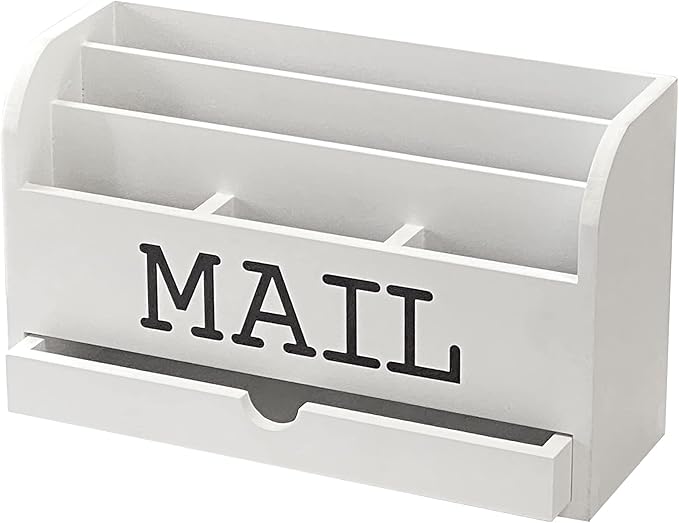 White Desk Organizer Wooden Mail Storage box for tabletop office home,5 compartments with Drawer (4x11.8x7 in)