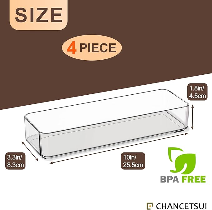 CHANCETSUI Clear Vanity Drawer Organizer Storage : Stackable Plastic Storage Tray For Makeup And Personal Care, 4 Pieces, 3x9 Inch
