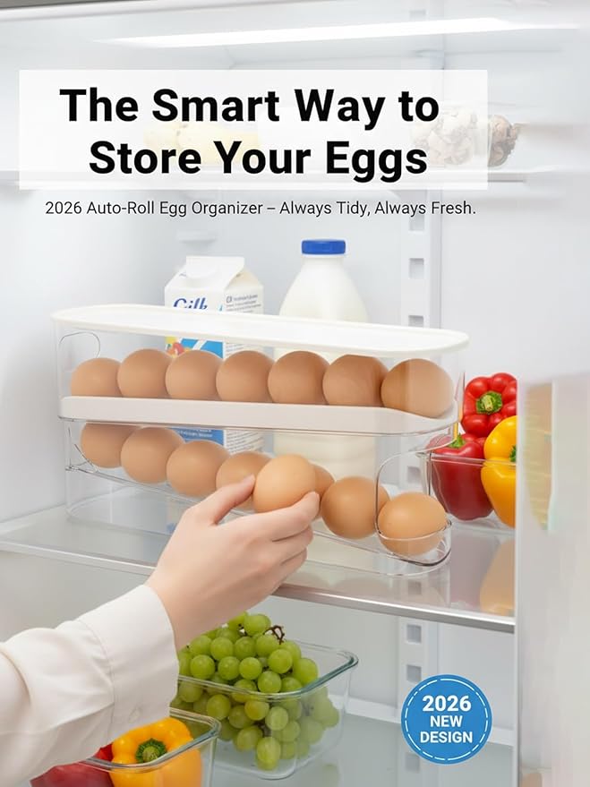 Egg Dispenser for Refrigerator Organization and Storage Holder Fridge Box Organizer Rolling Automatic Gravity Fed Cart Clear Organizers Pantry Shelf Home Must Haves Glad with Lids