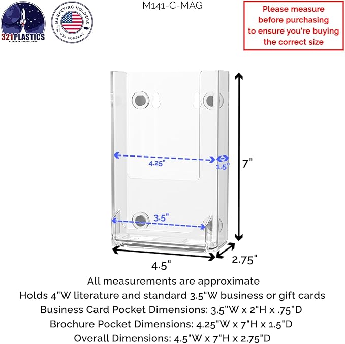 Marketing Holders 2 Pack Magnetic Pamphlet Holder for 4" Rack Cards Trifolds and 3.5" x 2" Business Cards Clear Plastic Smooth Metal Surface Mount on Lockers Filing Cabinets Paper Organizer