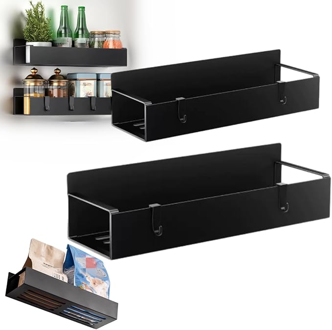 Punch Free Magnetic Storage Rack Organize Space-Saving Kitchen Organizer, Magnetic Storage Rack for Refrigerator, Metal Magnetic Spice Storage Rack Organizer with Hooks (S+ L)