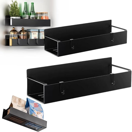 Punch Free Magnetic Storage Rack Organize Space-Saving Kitchen Organizer, Magnetic Storage Rack for Refrigerator, Metal Magnetic Spice Storage Rack Organizer with Hooks (S+ L)