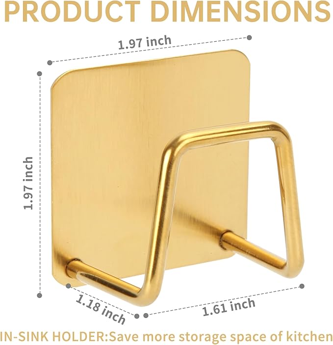 4 Pcs Adhesive Sponge Holder for Kitchen Sink Essentials,No Drilling.Stainless Steel Small Dish Sponge Holder for Sink Counter,Dish Sponge and Brush Organization Holder.Rustproof and Waterproof,Gold