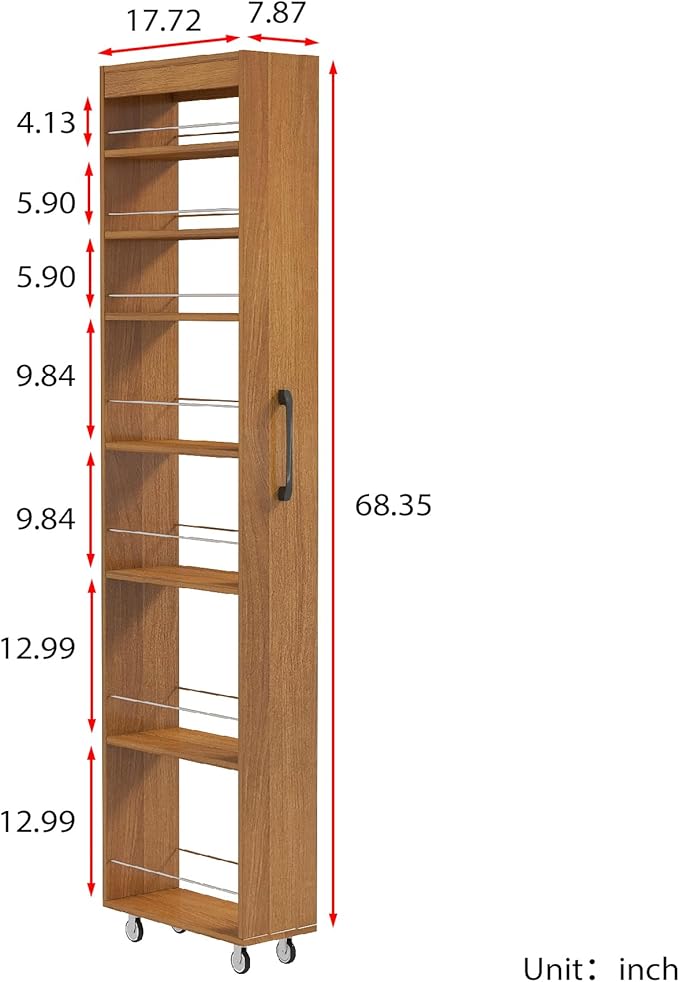 KEIKI 7 Tier Pull-Out Kitchen Pantry Storage Cabinet, Multi-Tier Single-Sided Open Shelf, Spice Rack Next to Fridge, Wood Hutch Food Pantries Cupboard for Coffee Bar, Dining Room, Narrow Spaces
