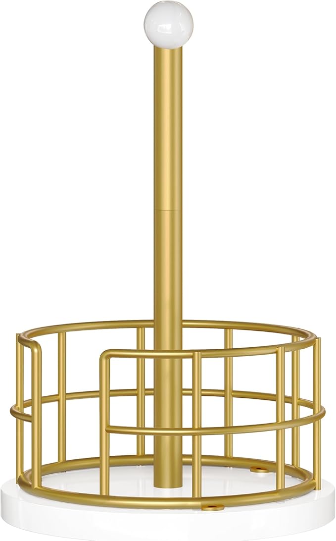 Paper Towel Holder, Kitchen Paper Towel Holder for Countertop, Gold Paper Towel Stand with Wooden Base, Freestanding Kitchen Roll Holder, for Standard Size Rolls, Gold CJ05DW