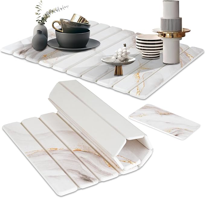 2 PCS | Large Stone Drying Mat for Kitchen Counter | Quick Dry Stone Mat with Sink Caddy | Collapsible Dish Drying Stone | Super Absorbent Stone Mat | Diatomaceous Earth Mat | 24"(L)×15"(W)