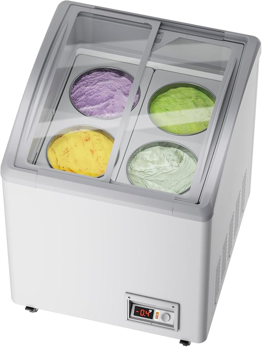 21 in Commercial Ice Cream Freezer 5.5 Cu.Ft Display Case Commercial Freezer with 4 Tubs and 2 Sliding Glass Door for Shop