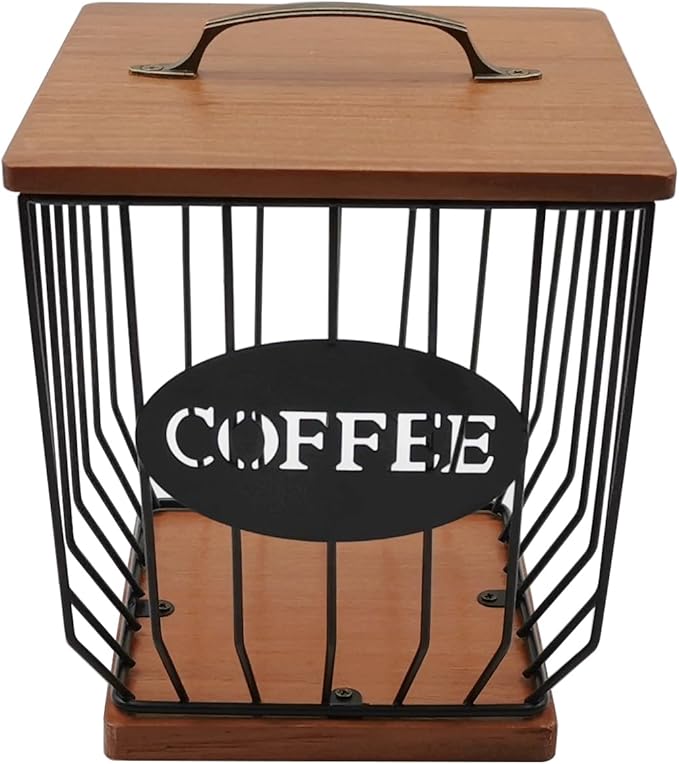 Square Coffee Pods Holder with Wooden Lid and Base,Large Capacity Wire Coffee Pods Storage Basket for Home Cafe Bar Countertop Decor(Black)