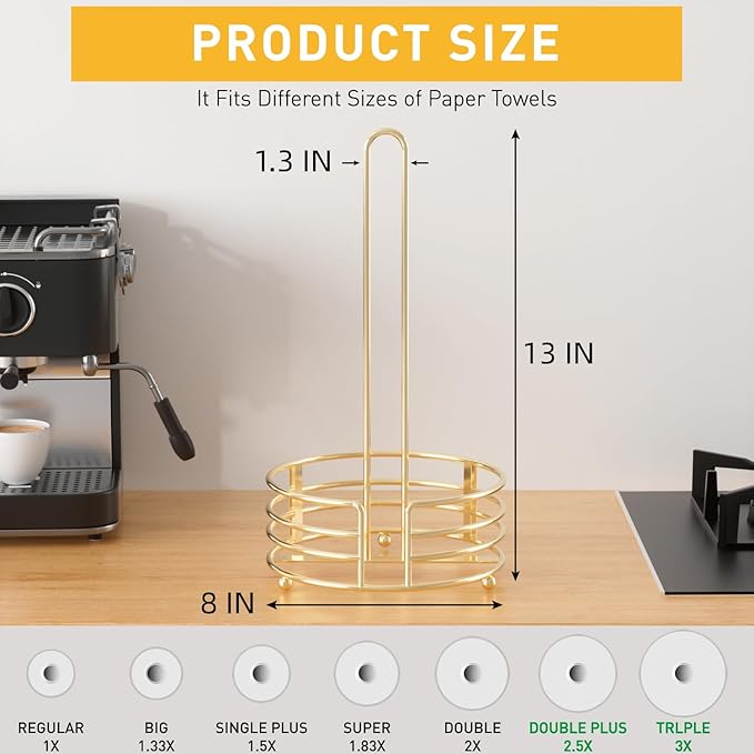 Buruis Shiny Gold Paper Towel Holder for Kitchen Countertop - One Hand Tear with 8" Wide Base, 13" Height, Raised Feet & U-Handle - Premium Steel Stand, Fits Jumbo Mega Rolls