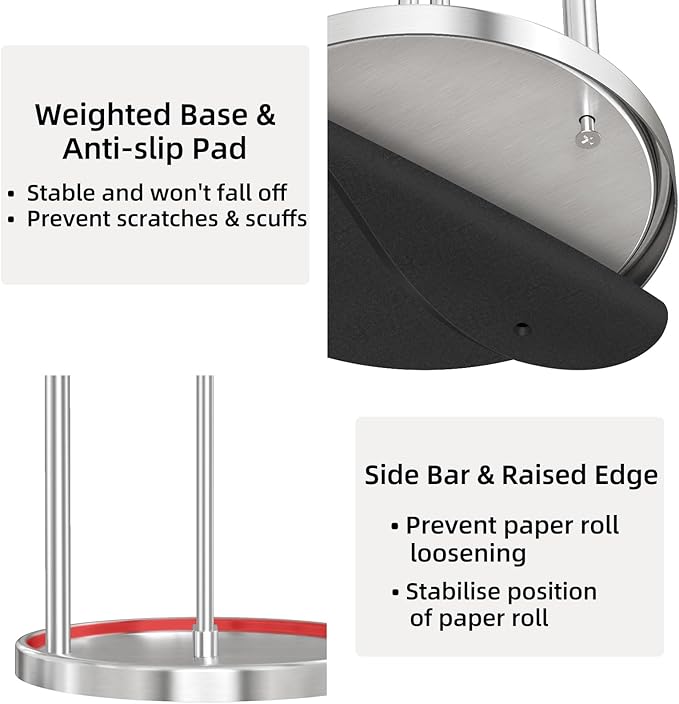 Paper Towel Holder Countertop, Freestanding Paper Towel Roll Holder with Weighted Base, Stainless Steel Standing Papertowel Holder for Kitchen, Silver