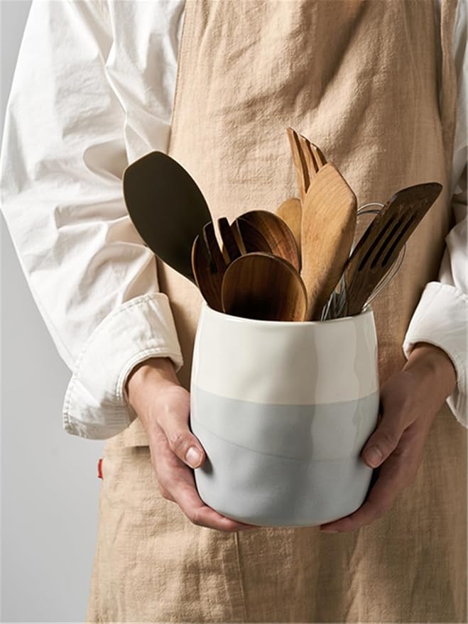 DOWAN Utensil Holder, 6.5″ Large Utensil Holder for Kitchen Counter, Ceramic Utensil Crock with Table-Protection Mat, Spatula Holder, Utensil Organizer Caddy for Spoons Home Decor, Fathers Day Gifts
