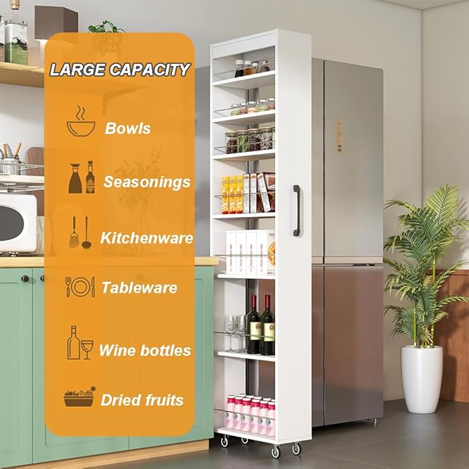 7 Tier Slim Storage Cart, Rolling Spice Rack Next to Fridge Slim, Narrow Storage Cabinet, Wood Storage Organizer with Handle Wheels for Kitchen, Dining Room (7 Tier - White)