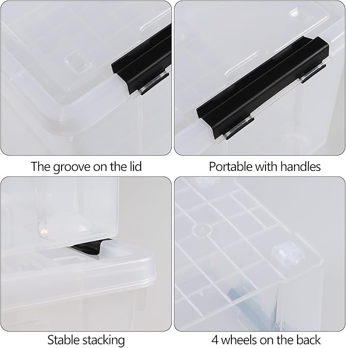 Parlynies 4-Pack 32 L Plastic Storage Box with Lid, Stackable Latch Storage Bin with Wheels, Clear