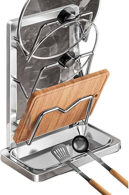 Kitchen Pot Lid Storage Rack, Pot Lid Holder With Tray, Lid Holder While Cooking, Lid And Spoon Rest, Multifunctional Kitchen Organizer Stand for Stove Top (Countertop, 3-layer)